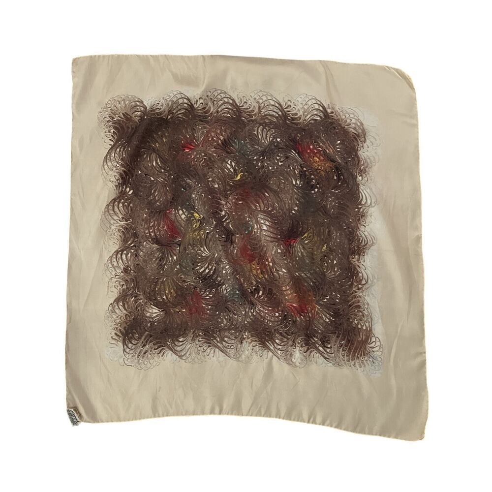 Vintage BURMEL Silk Scarf Beige Geometric Swirls Japan Hand Rolled Rare Authenti